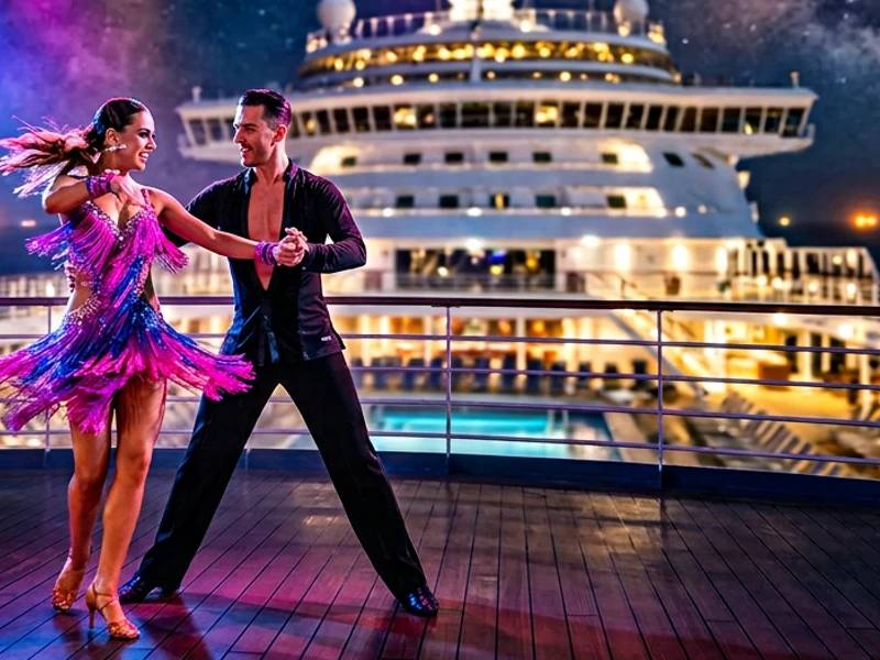 Pareja de baile de salón en la cubierta de un crucero bajo focos de escenario