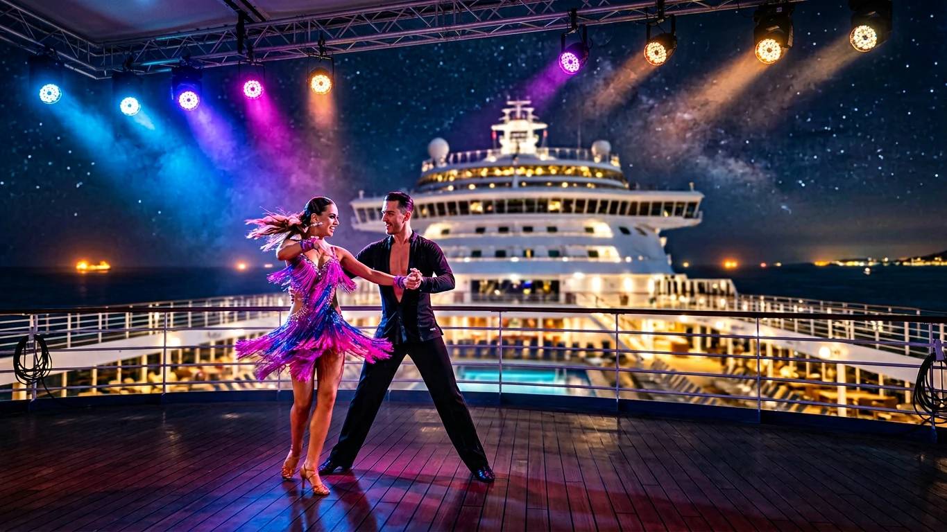 Coppia di danza sportiva che balla sul ponte di una nave da crociera sotto i riflettori