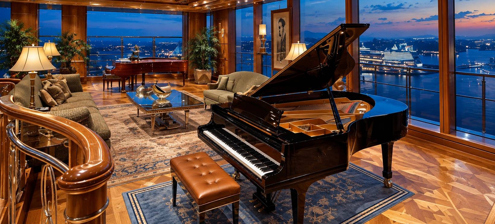 Grand piano in a luxury cruise lounge overlooking the harbor
