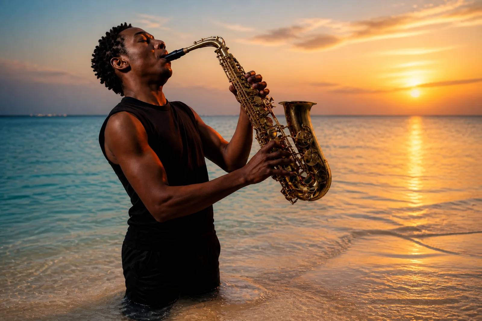 Saxophonist performing in a Maldives lagoon at golden hour