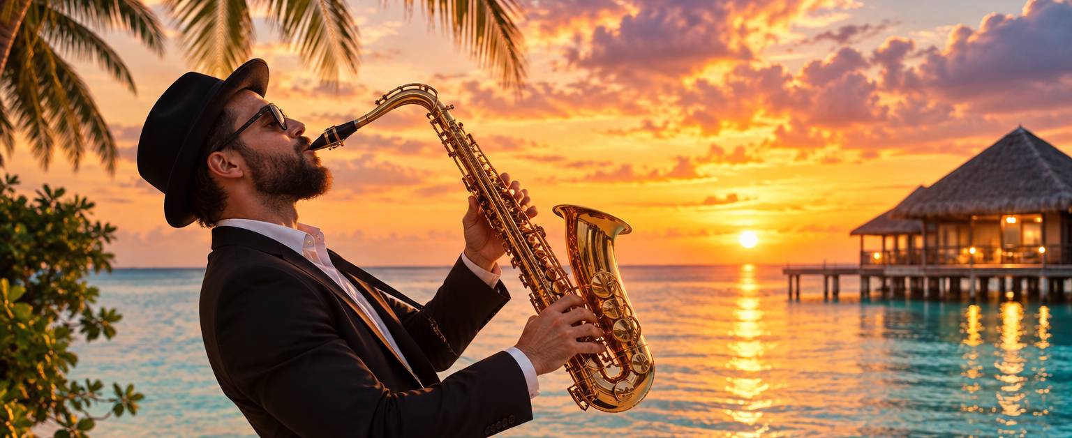 Musicians performing at sunset in an overwater lounge at a Maldives resort